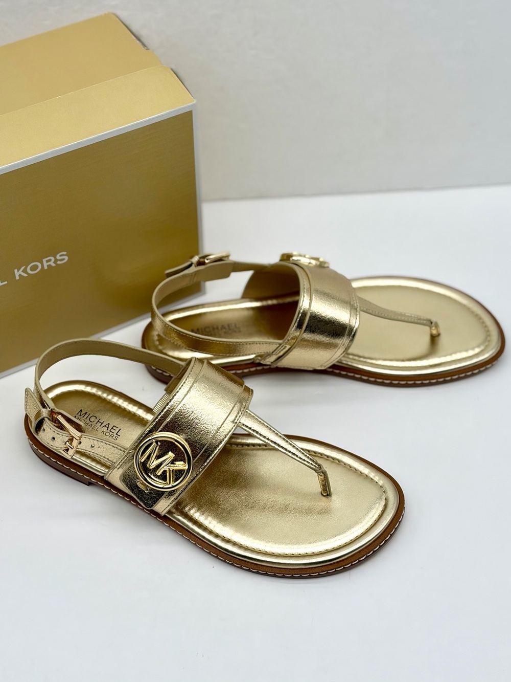 Michael Kors Metallic Gold Logo Thong Sandals